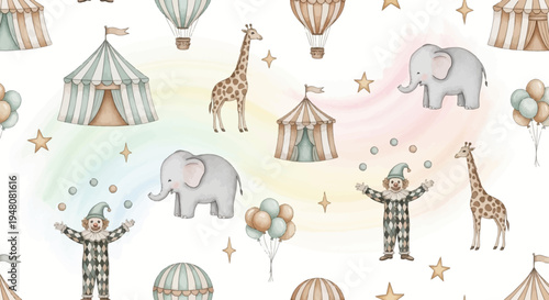 whimsical circus scene with animals and clowns