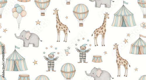 whimsical circus scene with giraffes elephants clowns hot air balloons and tents