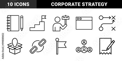 Business and management line icon set. Vector pictograms of browser, notebook, stairs, flag, link, strategy, box, and hierarchy, thin outline illustration.