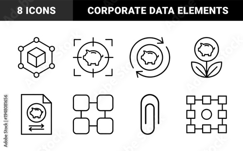 Business and finance line icon set. Vector pictograms of piggy bank, target, block, arrow, plant, document, grid, shape, and clip, black outline illustration.