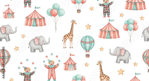 whimsical circus scene with animals and clowns