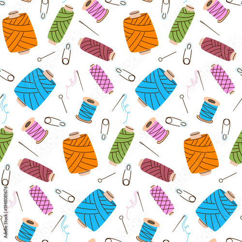 Thread spool seamless pattern. Colorful sewing coils and safety pins background for tailor textile, handmade hobby decor, and craft fabric design.