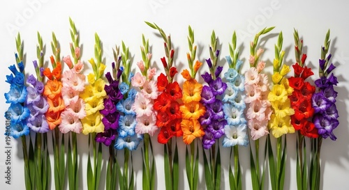 Vibrant rainbow gladiolus flowers bouquet against white background