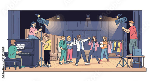 Theater Rehearsal: Young Performers Practice on Stage with Piano and Spotlights
