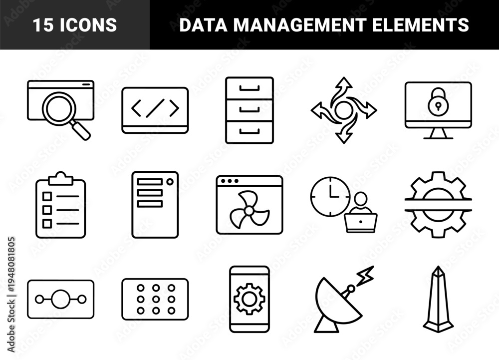 Fototapeta premium Technology and data management line icon set. Vector pictograms of server, database, browser, coding, search, security, and interface elements, thin outline illustration.