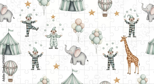 whimsical puzzle pieces with circus animals and clowns