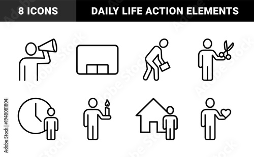 Human activity icon set. Vector glyph pictograms of professional with briefcase, megaphone, clock, candle, scissors, house, and heart, black silhouette illustration.