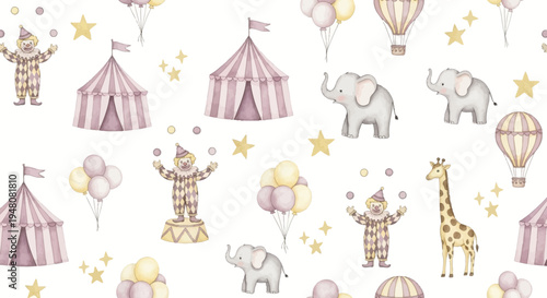 whimsical circus scene with animals and clowns