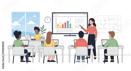 Diverse students learning in a modern classroom with teacher presenting data on screen.
