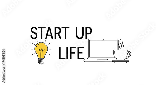 Vector illustration of start up life with laptop, light bulb and coffee cup