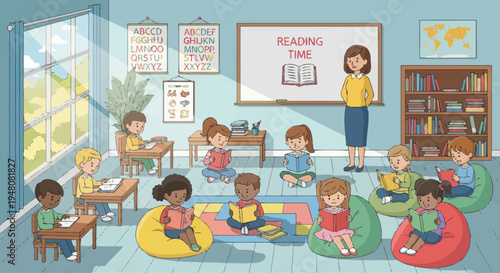 Diverse children reading books in a bright classroom, teacher supervising