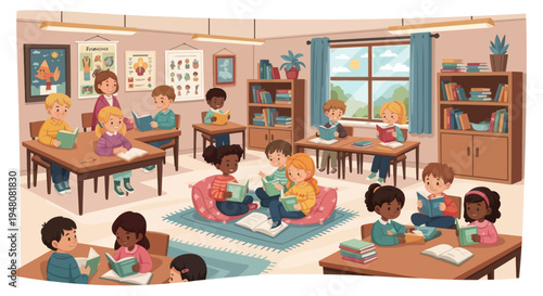 Diverse children reading books in a bright, cheerful classroom with a teacher.