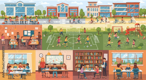 Diverse School Life Collage: Learning, Sports, Play & Community
