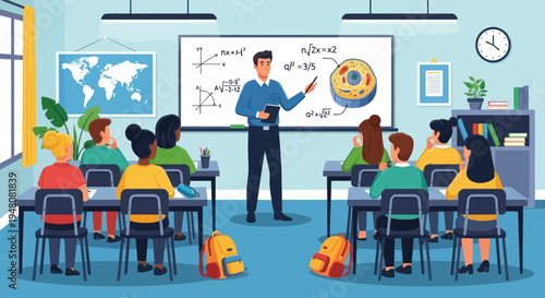 Diverse students in a classroom learning from a teacher explaining science on a whiteboard.