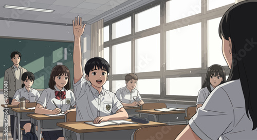 Student raises hand in classroom, teacher observing, anime style illustration