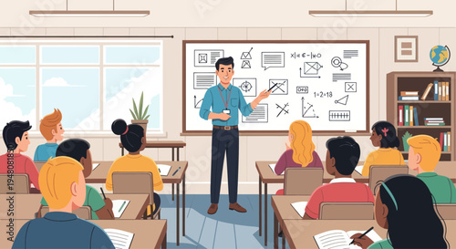 Teacher explaining math on whiteboard to diverse students in a bright classroom