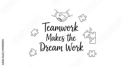 Vector illustration of handshake and puzzle pieces with 'Teamwork Makes the Dream Work' text