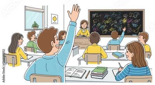 Students raising hands in classroom, eager to answer teacher's question, education concept