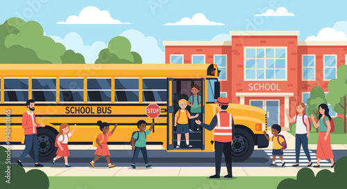 Children safely boarding yellow school bus with crossing guard outside brick building