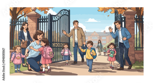 Families Arriving at School Gate on Autumn Morning, Back to School Concept