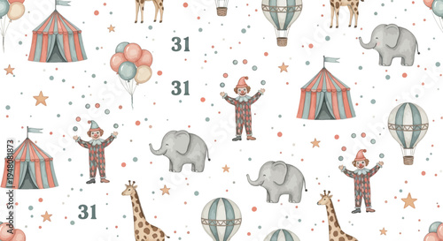 whimsical circus scene with animals and clowns