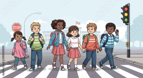 Diverse group of schoolchildren crossing street at crosswalk with backpacks, safe travel