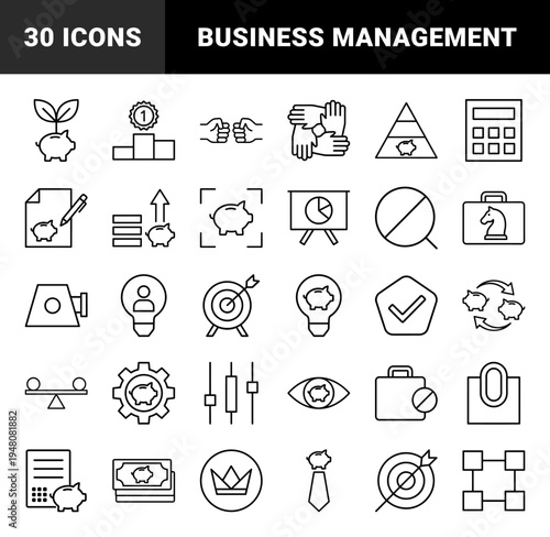 Business and office line icon set. Vector pictograms of briefcase, calendar, megaphone, lightbulb, user, trophy, and gear, thin outline illustration.