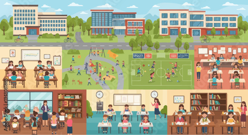Diverse School Life: Campus, Classrooms, Playground, and Sports Field