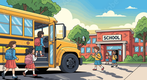 Children Boarding Yellow School Bus Outside School Building
