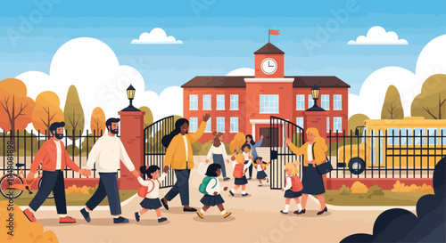 Diverse families and students arriving at school for autumn classes