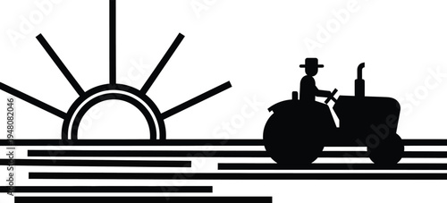 farmer driving tractor at sunrise