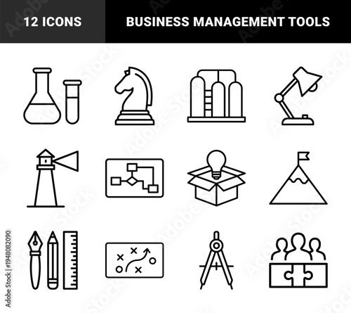 Business strategy and planning line icon set. Vector pictograms of knight, mountain, lighthouse, bulb, flowchart, compass, and map, black thin outline illustration.