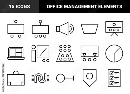 Business and presentation line icon set. Vector pictograms of laptop, megaphone, pie chart, briefcase, checklist, and whiteboard, thin outline illustration.