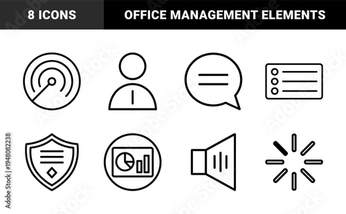 Business and office line icon set. Vector pictograms of document, chart, printer, briefcase, calculator, cloud, gear, and lightbulb, thin outline illustration.