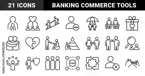 Business and finance icon set. Vector glyph pictograms of calculator, briefcase, piggy bank, coins, bank building, and magnifying glass, black silhouette illustration.