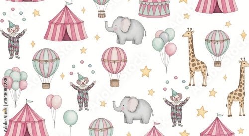 whimsical circus scene with clowns elephants giraffes hot air balloons and tents