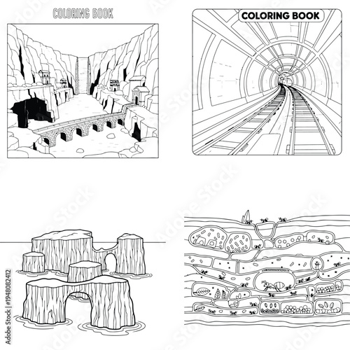 Coloring book: majestic river gorge with ancient bridge and village outline with black and white