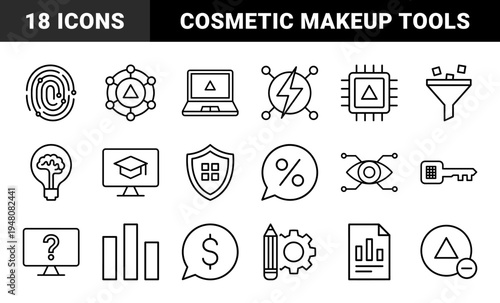 Cosmetic and beauty icon set. Vector glyph pictograms of lipstick, perfume, mirror, lotion, mascara, brush, and skincare products, black silhouette illustration.