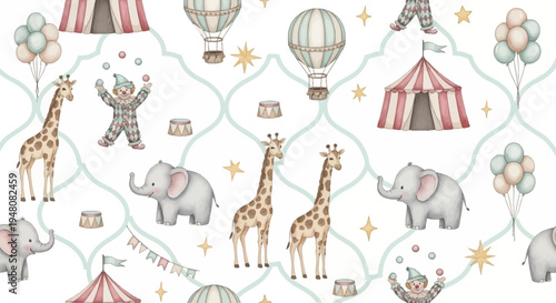 whimsical circus scene with giraffes elephants and clowns