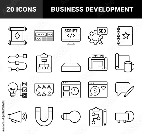 Business and development line icon set. Vector pictograms of lightbulb, clipboard, magnet, megaphone, blueprint, and script, thin outline illustration.