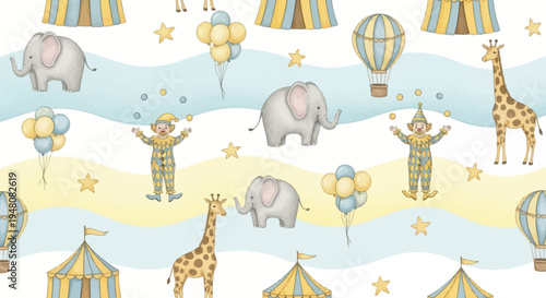 Circus animals and performers in a whimsical setting with elephants giraffes clowns balloons and tents