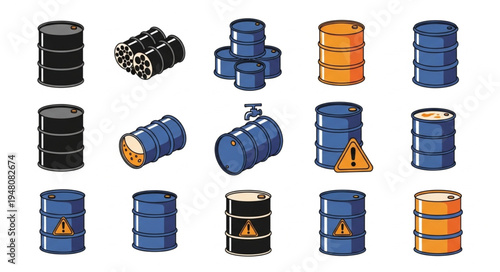 Collection of Oil Drums and Barrels in Various Styles and Colors.