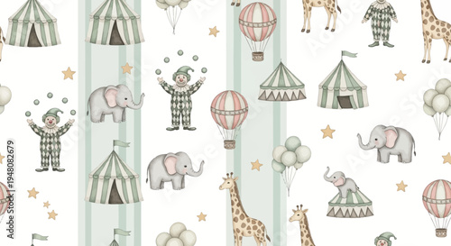 whimsical circus scene with animals and clowns