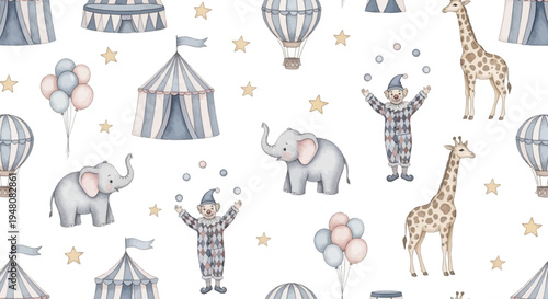 whimsical circus scene with animals and clowns