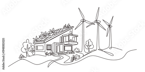 Continuous one line design of eco-friendly building with wind turbines. Minimalist style vector illustration on white background.