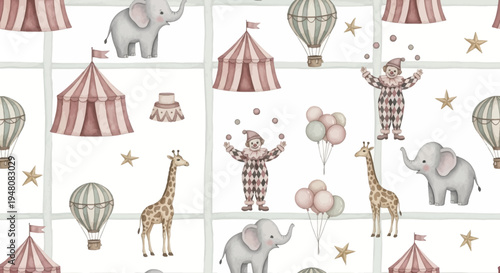 whimsical circus scene with animals and clowns seamless pattern