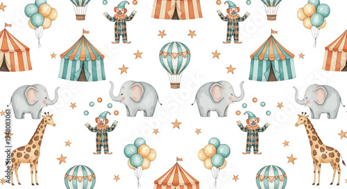 whimsical circus scene with animals and clowns
