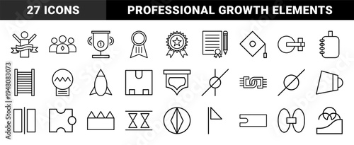 Achievement and business line icon set. Vector pictograms of trophy, medal, award, rocket, ladder, certificate, and puzzle, thin black outline illustration.