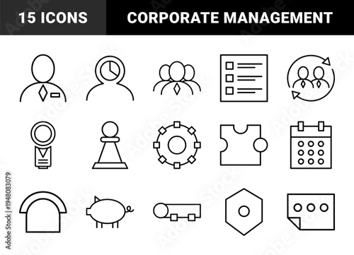 Business management line icon set. Vector pictograms of employee, strategy, schedule, planning, and teamwork, thin black outline illustration.