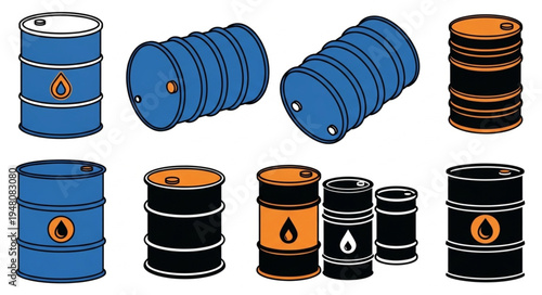 Collection of Oil Drums with Flame and Drop Symbols.